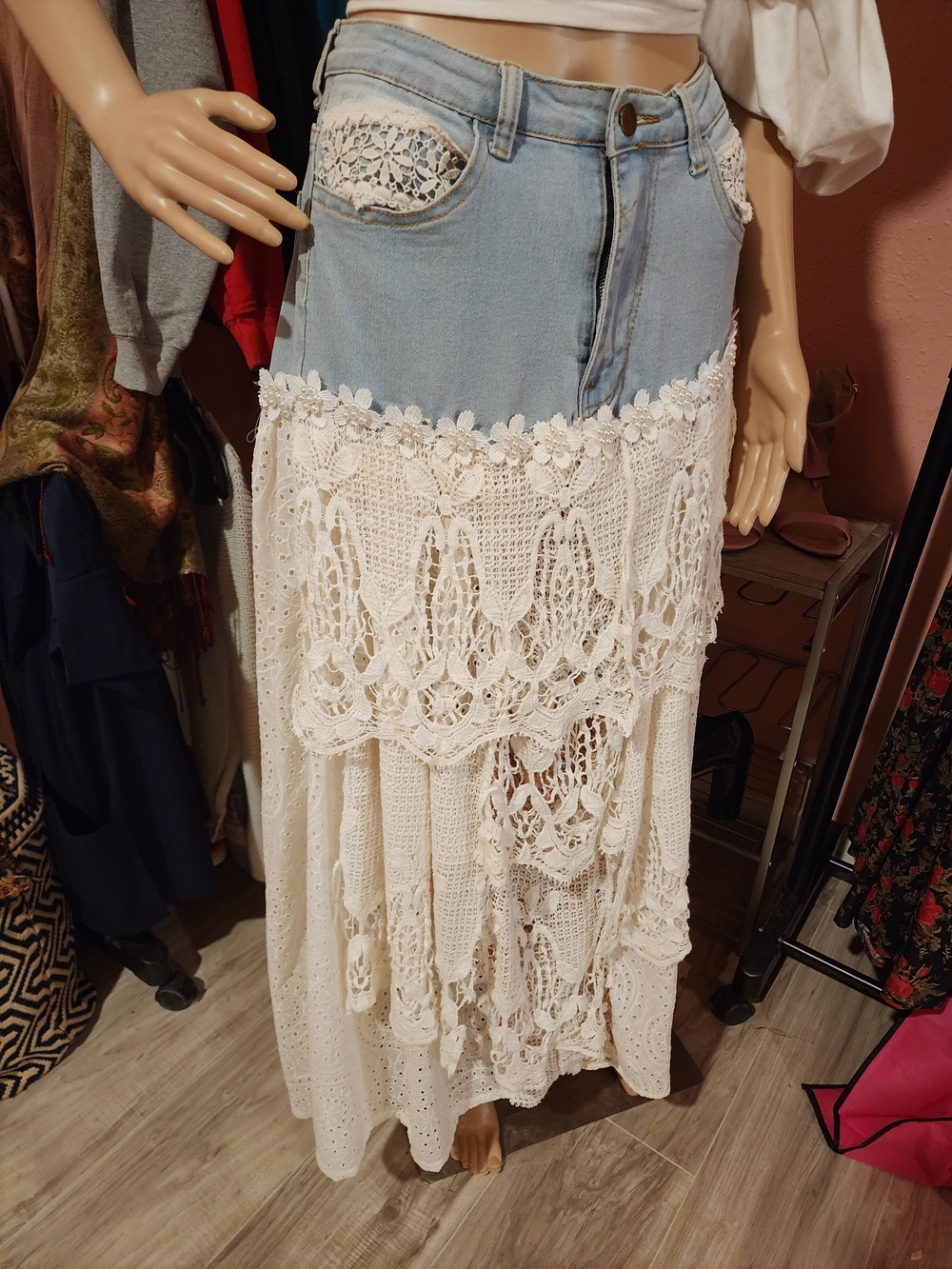 Bohemian Crochet Maxi Skirt - White and Light Denim